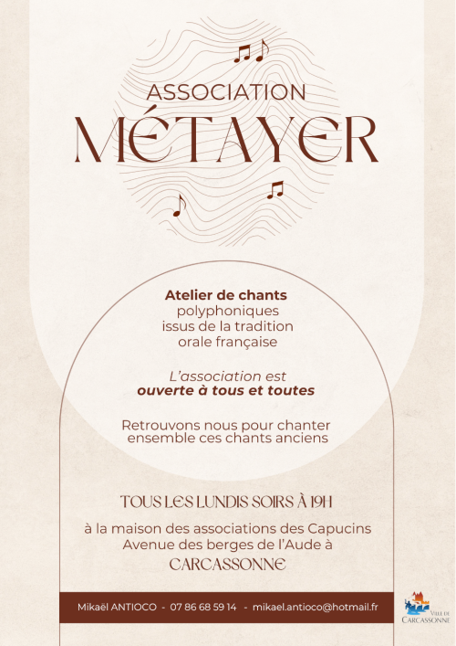 Affiche de présentation Ateliers de chants Association Métayer